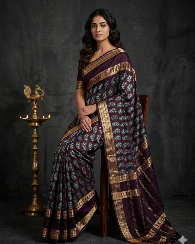 Dark brown bentex border semi mysore silk saree BMS105