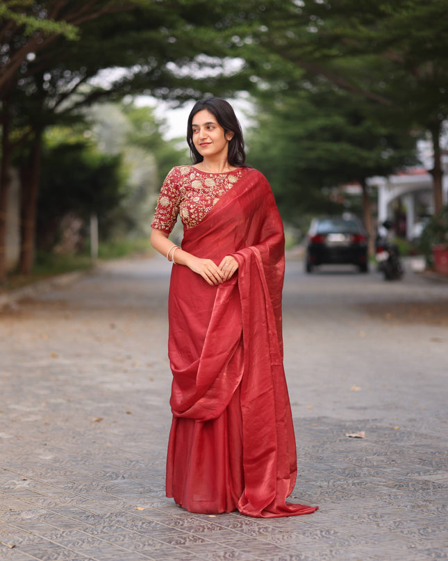 Shiny red party wear with heavy work blouse saree