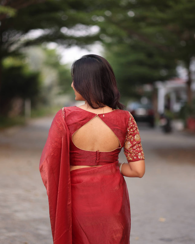 Shiny red party wear with heavy work blouse saree