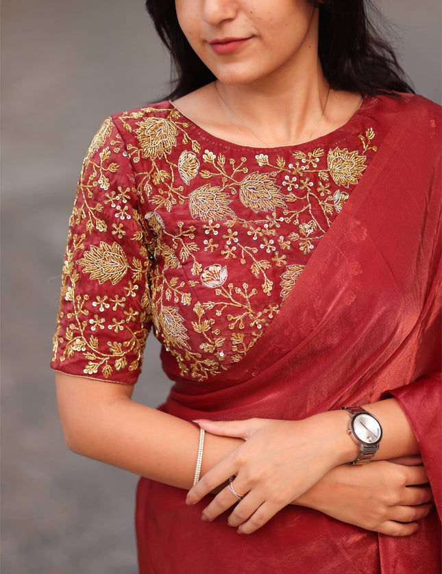 Shiny red party wear with heavy work blouse saree