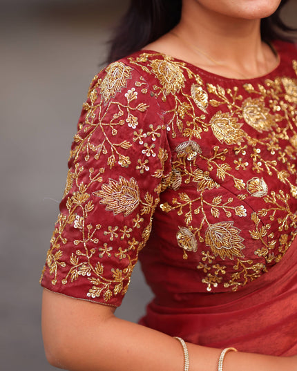 Shiny red party wear with heavy work blouse saree