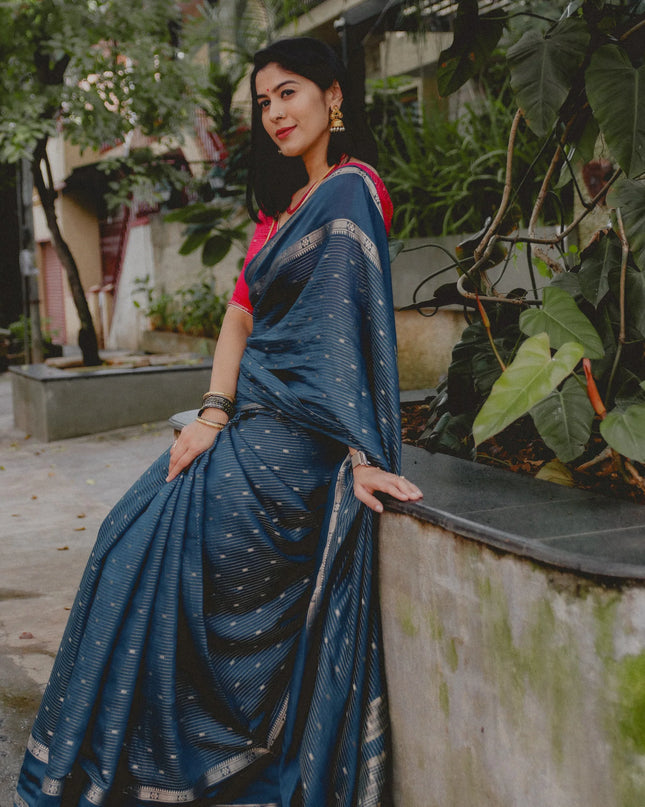 Suchira Peacock blue stripes bentex with contrast blouse saree