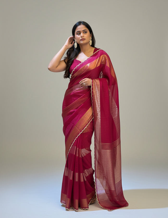 Rose Red Organza Tissue Party Wear 107 Saree (Madhu)