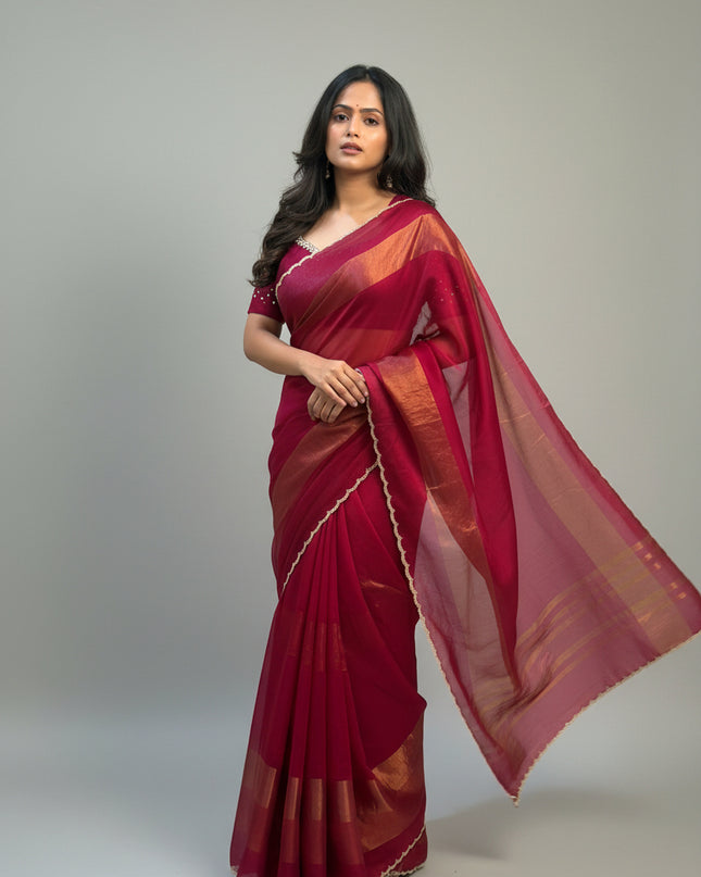 Rose Red Organza Tissue Party Wear 107 Saree