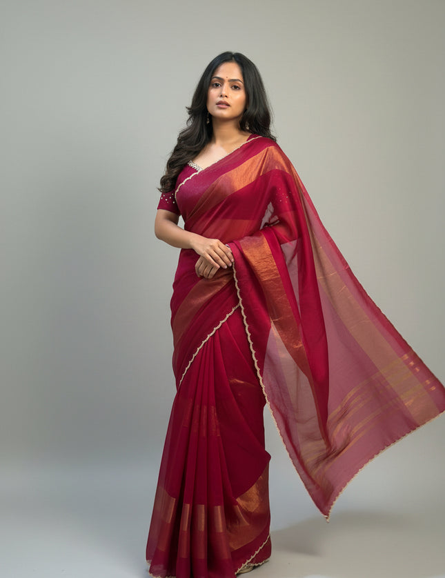 Rose Red Organza Tissue Party Wear 107 Saree (Madhu)