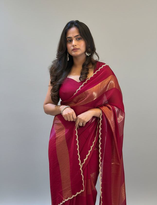 Rose Red Organza Tissue Party Wear 107 Saree (Madhu)