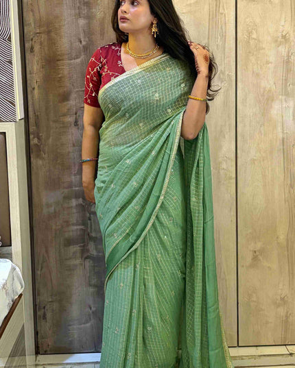Pastel Green Checks Semi Crepe Saree 108 (Madhu)