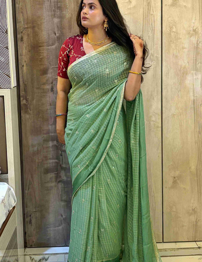 Pastel Green Checks Semi Crepe Saree 108 (Madhu)