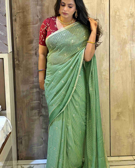 Pastel Green Checks Semi Crepe Saree 108 (Madhu)