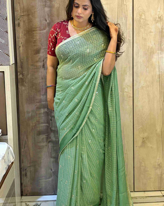 Pastel Green Checks Semi Crepe Saree 108 (Madhu)