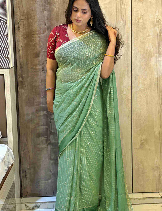 Pastel Green Checks Semi Crepe Saree 108 (Madhu)
