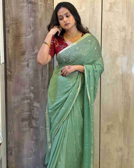 Pastel Green Checks Semi Crepe Saree 108 (Madhu)