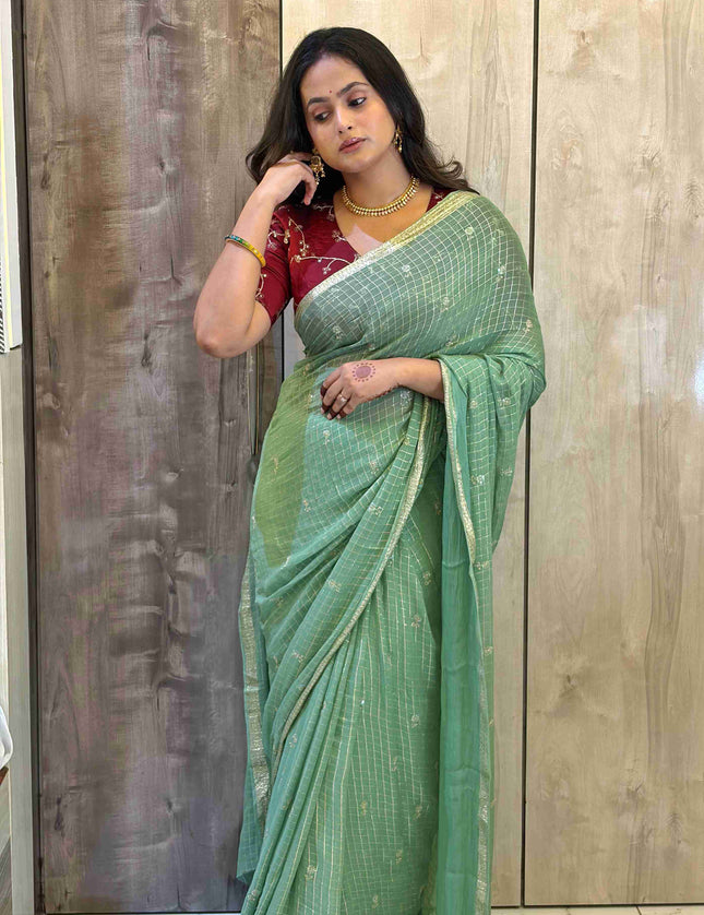 Pastel Green Checks Semi Crepe Saree 108 (Madhu)