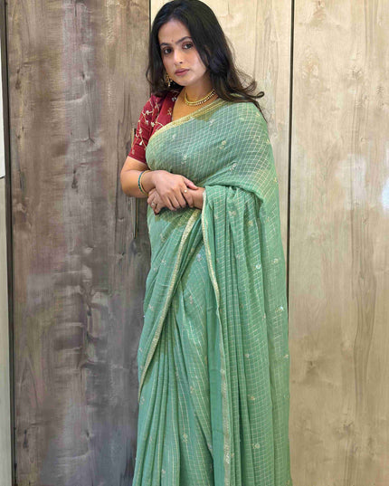 Pastel Green Checks Semi Crepe Saree 108 (Madhu)