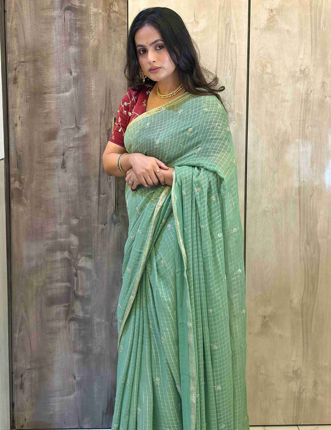Pastel Green Checks Semi Crepe Saree 108 (Madhu)