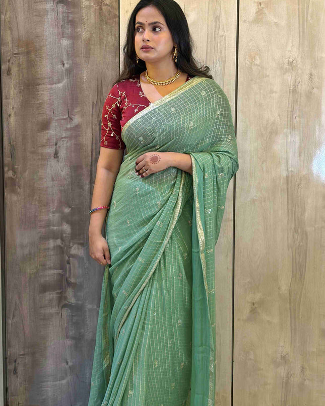 Pastel Green Checks Semi Crepe Saree 108 (Madhu)
