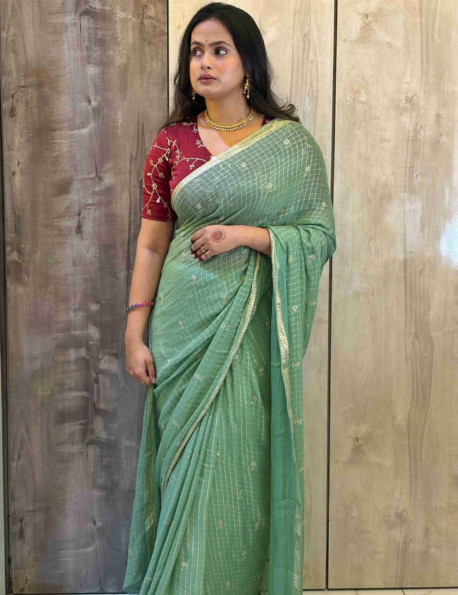 Pastel Green Checks Semi Crepe Saree 108 (Madhu)