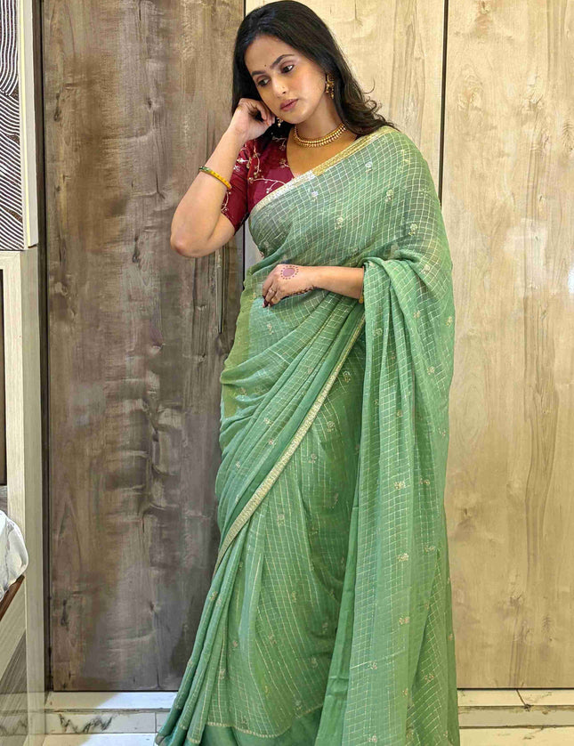 Pastel Green Checks Semi Crepe Saree 108 (Madhu)