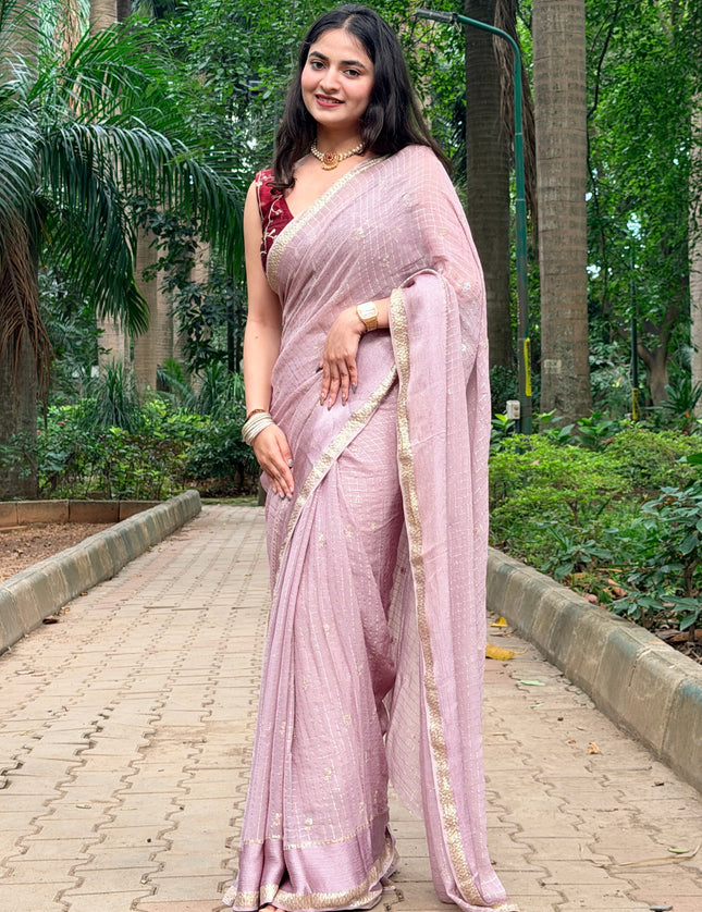 Pink Checks Semi Crepe Saree 108 (Bhumika)