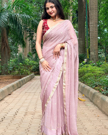 Pink Checks Semi Crepe Saree 108 (Bhumika)