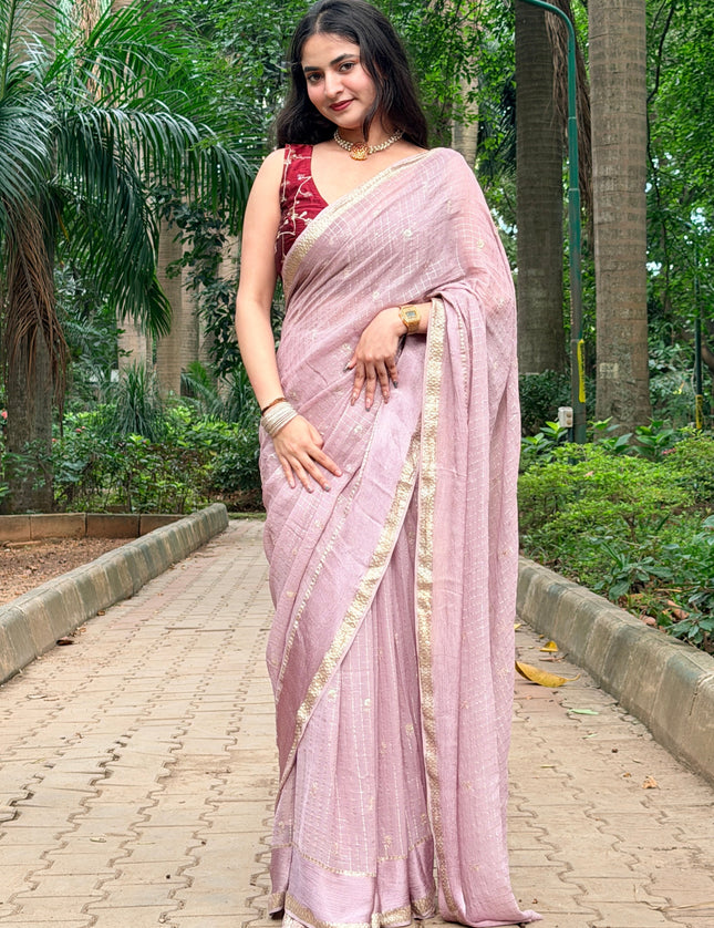 Pink Checks Semi Crepe Saree 108 (Bhumika)