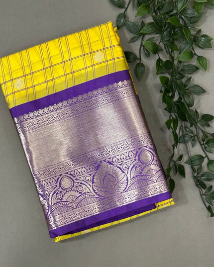 Yellow n purple  checks kanchivaram saree