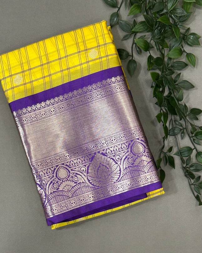 Yellow n purple  checks kanchivaram saree