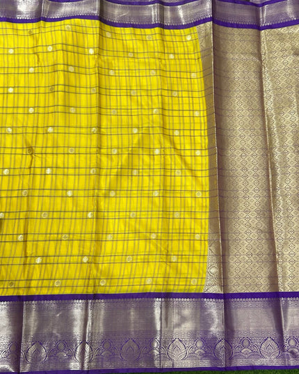 Yellow n purple  checks kanchivaram saree
