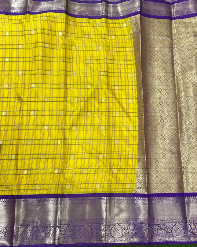 Yellow n purple  checks kanchivaram saree