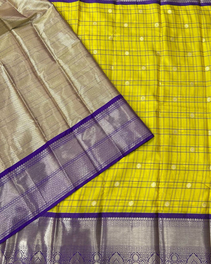 Yellow n purple  checks kanchivaram saree