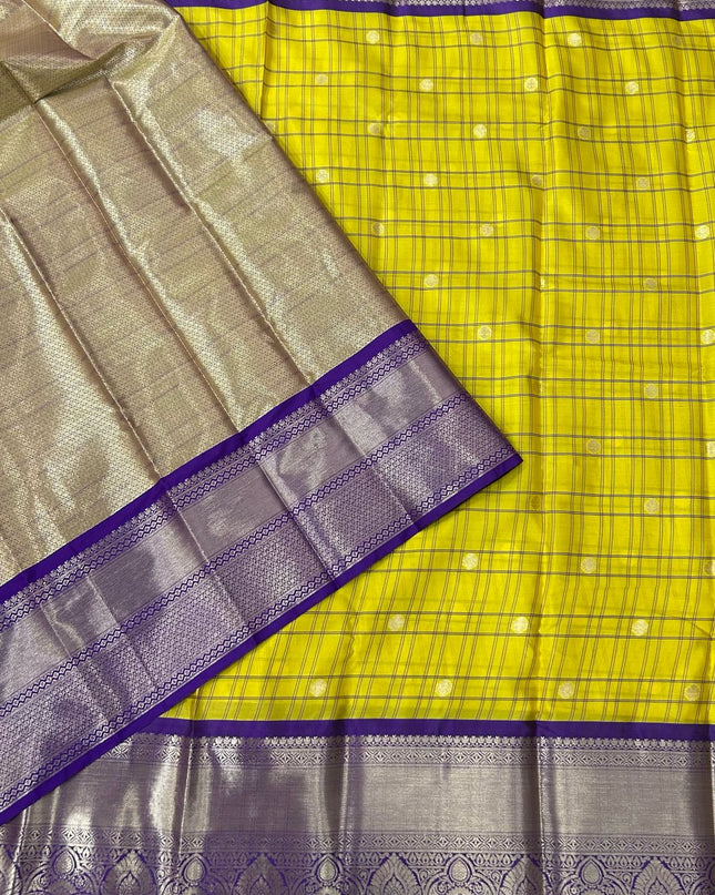 Yellow n purple  checks kanchivaram saree