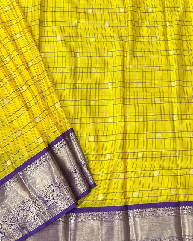 Yellow n purple  checks kanchivaram saree