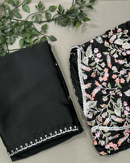 Shriya Saran inspired black satin saree- stitched blouse