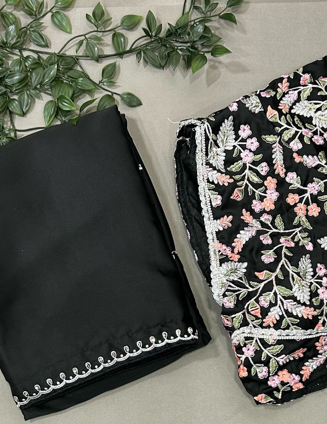 Shriya Saran inspired black satin saree- stitched blouse