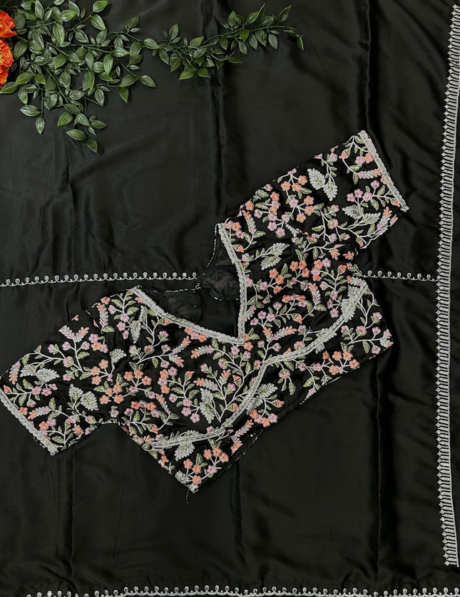 Shriya Saran inspired black satin saree- stitched blouse