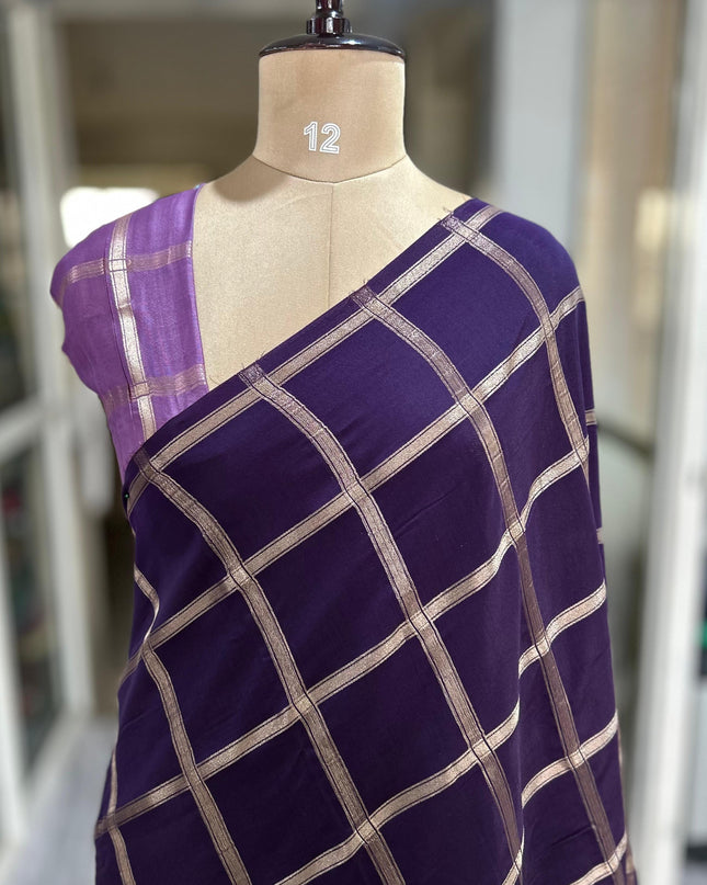 Purple soft tussar crepe checks saree ST104
