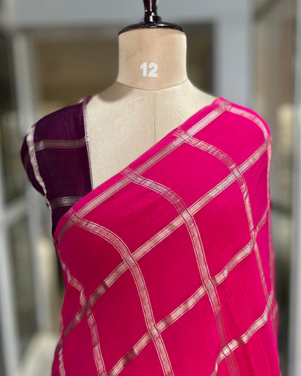 Pink soft tussar crepe checks saree ST104