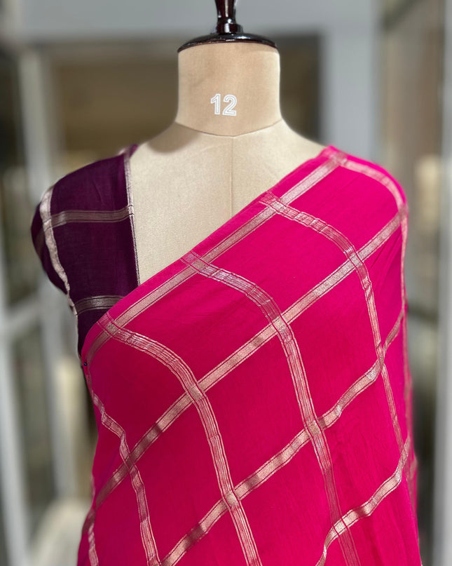 Pink soft tussar crepe checks saree ST104