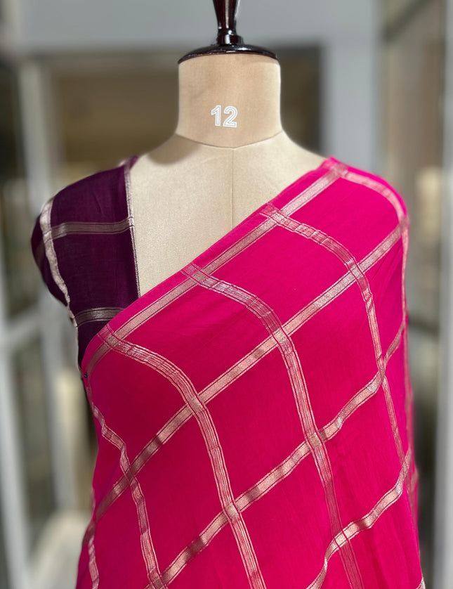 Pink soft tussar crepe checks saree ST104