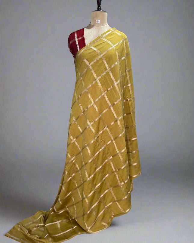 Yellow soft tussar crepe checks  saree ST104