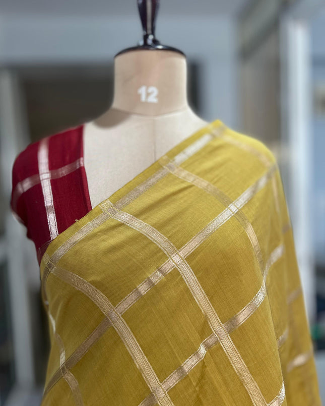 Yellow soft tussar crepe checks  saree ST104