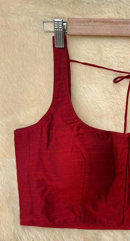 Maroon raw silk sleeveless blouse