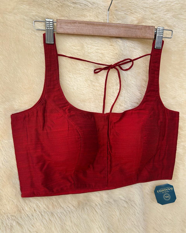 Maroon raw silk sleeveless blouse