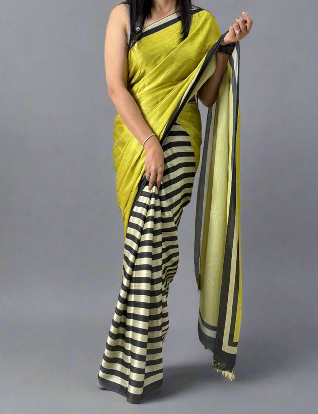 Black n white stripes yellow-09 saree