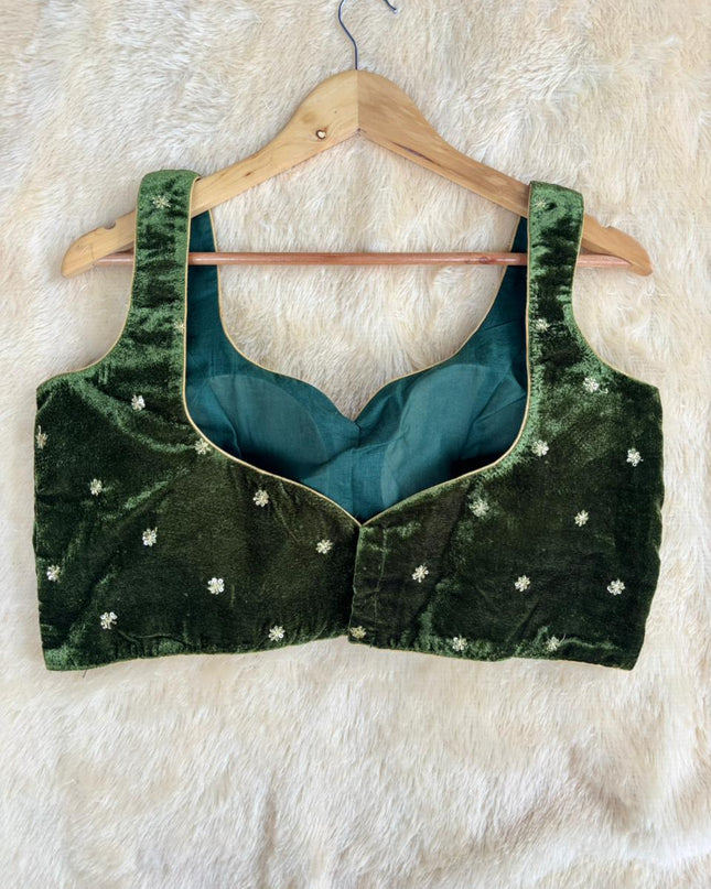 Mehandi green velvet sleeveless blouse