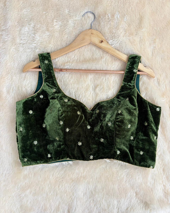 Mehandi green velvet sleeveless blouse