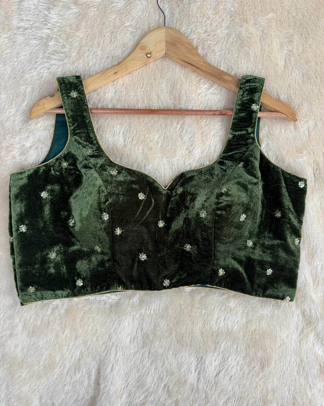 Mehandi green velvet sleeveless blouse
