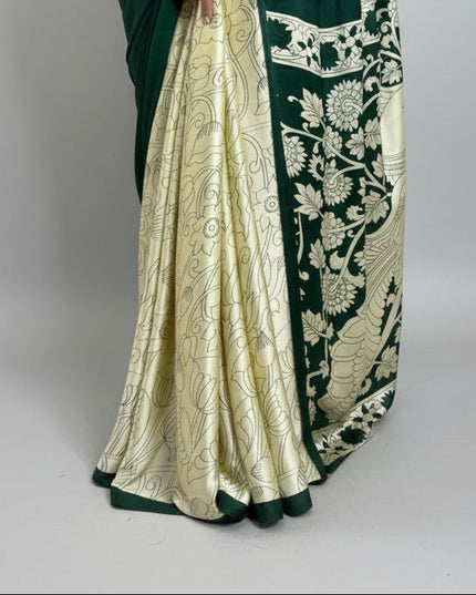 Green kalamkari print moda satin crepe saree