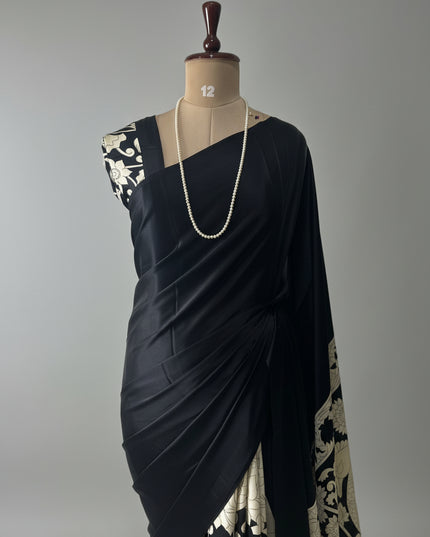 Black kalamkari print modal satin crepe saree