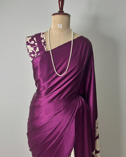 Wine kalamkari print modal satin crepe saree